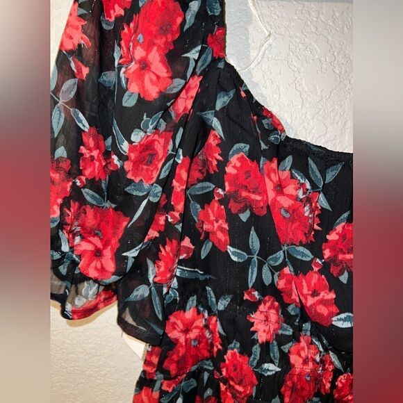 TRIXXI FLORAL RED and BLACK PUFF SLEEVE DRESS- Size MED-NWT - Picture 5 of 14